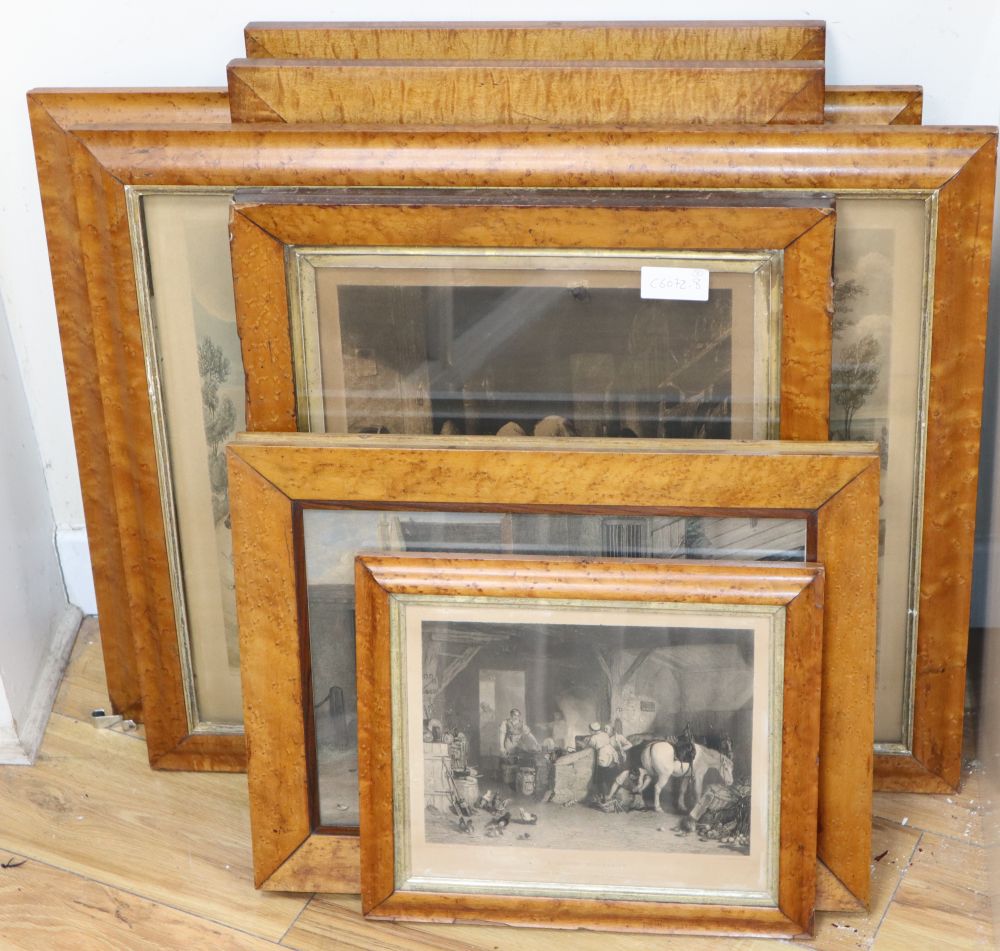 Seven assorted 19th century maple framed prints, largest aperture 48 x 59cm
